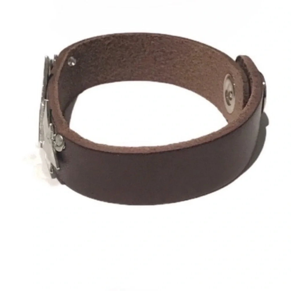 Handmade silver pewter mountain range brown 100%‎ leather cuff bracelet